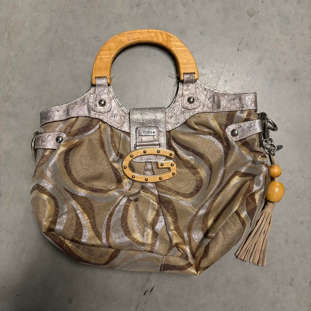Vintage Guess Brown Gold Metallic Handbag Wooden Handle Y2K Ostrich Trim Satchel